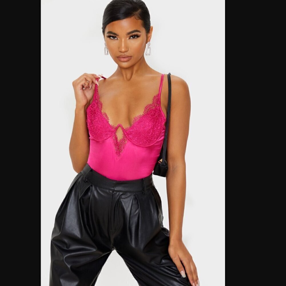 PrettyLittleThing Hot Pink Satin Lace V Cup Bodysuit US 4